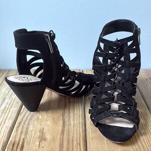 Vince Camuto Elishan Black Leather Cage Heeled Sandals Women's Shoes Size 7.5M !